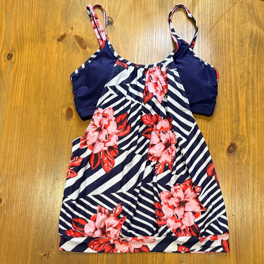 NWOT women’s modest tankini swimsuit navy stripe floral print tank bathing suit